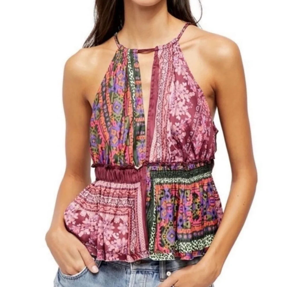 Free People Billini Patchwork Halter Top - Pink and Purple